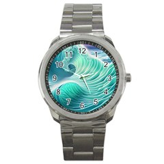 Pink Sky Blue Ocean Waves Sport Metal Watch by GardenOfOphir