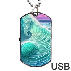 Pink Sky Blue Ocean Waves Dog Tag Usb Flash (two Sides) by GardenOfOphir