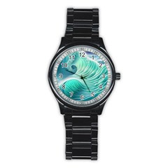 Pink Sky Blue Ocean Waves Stainless Steel Round Watch by GardenOfOphir