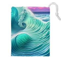 Pink Sky Blue Ocean Waves Drawstring Pouch (4xl) by GardenOfOphir