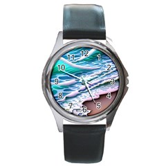 Shore Blue Ocean Waves Round Metal Watch by GardenOfOphir