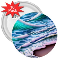 Shore Blue Ocean Waves 3  Buttons (10 Pack)  by GardenOfOphir