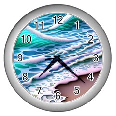 Shore Blue Ocean Waves Wall Clock (silver) by GardenOfOphir