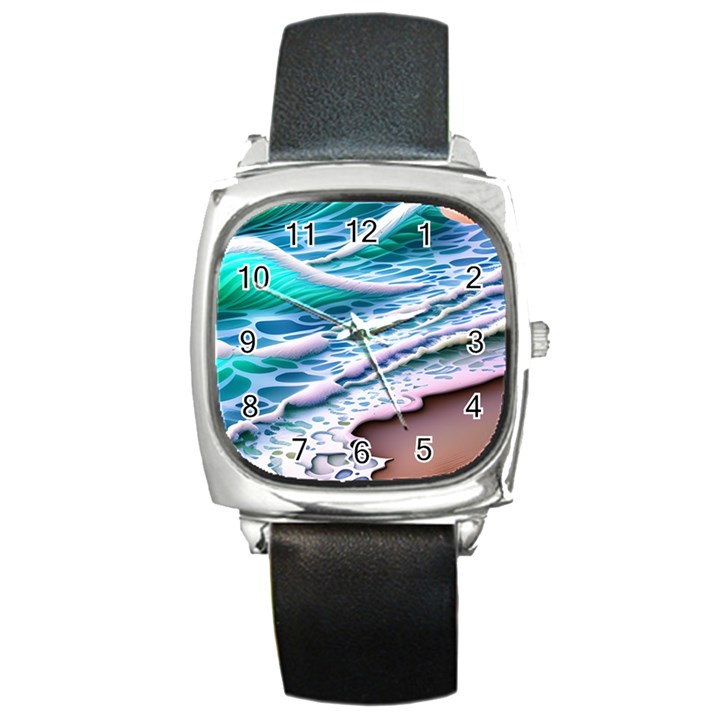 Shore Blue Ocean Waves Square Metal Watch