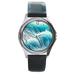 Pastel Blue Ocean Waves Iii Round Metal Watch by GardenOfOphir