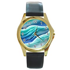 Pastel Beach Wave I Round Gold Metal Watch by GardenOfOphir