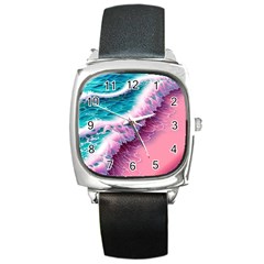 Summer Waves In Pink Ii Square Metal Watch