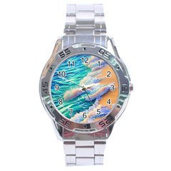 Waves At The Ocean s Edge Stainless Steel Analogue Watch by GardenOfOphir