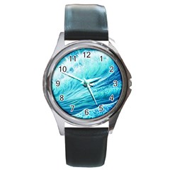 Blue Ocean Wave Watercolor Ii Round Metal Watch by GardenOfOphir