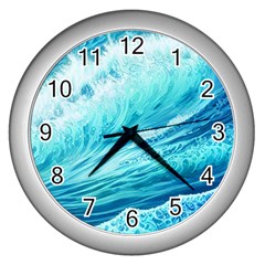 Blue Ocean Wave Watercolor Ii Wall Clock (silver) by GardenOfOphir