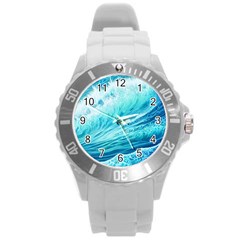 Blue Ocean Wave Watercolor Ii Round Plastic Sport Watch (l) by GardenOfOphir