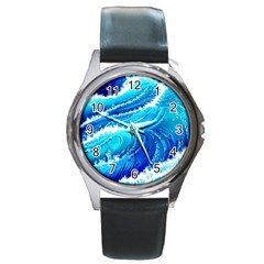 Simple Blue Ocean Wave Round Metal Watch by GardenOfOphir