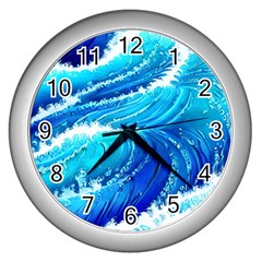 Simple Blue Ocean Wave Wall Clock (silver) by GardenOfOphir