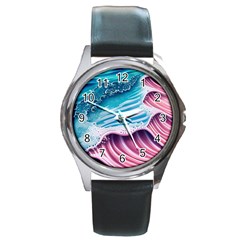 Pink Wave Crashing On The Shore Round Metal Watch by GardenOfOphir