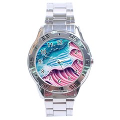 Pink Wave Crashing On The Shore Stainless Steel Analogue Watch by GardenOfOphir