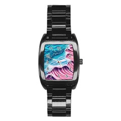 Pink Wave Crashing On The Shore Stainless Steel Barrel Watch by GardenOfOphir