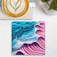 Pink Wave Crashing On The Shore Uv Print Square Tile Coaster  by GardenOfOphir