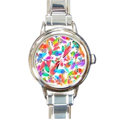 Feathers Pattern Background Colorful Plumage Round Italian Charm Watch by Ravend