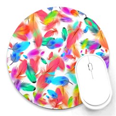 Feathers Pattern Background Colorful Plumage Round Mousepad by Ravend