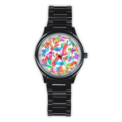 Feathers Pattern Background Colorful Plumage Stainless Steel Round Watch by Ravend