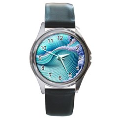 Pastel Sea Waves Round Metal Watch by GardenOfOphir