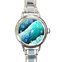 Abstract Waves In Blue And Green Round Italian Charm Watch by GardenOfOphir