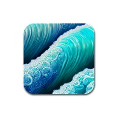 Abstract Waves In Blue And Green Rubber Square Coaster (4 Pack) by GardenOfOphir