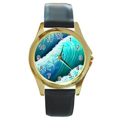 Abstract Waves In Blue And Green Round Gold Metal Watch by GardenOfOphir