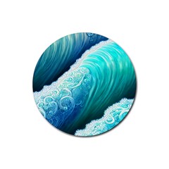 Abstract Waves In Blue And Green Rubber Coaster (round) by GardenOfOphir