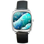 Abstract Waves In Blue And Green Square Metal Watch Front