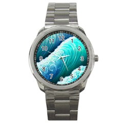 Abstract Waves In Blue And Green Sport Metal Watch by GardenOfOphir