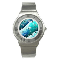 Abstract Waves In Blue And Green Stainless Steel Watch by GardenOfOphir