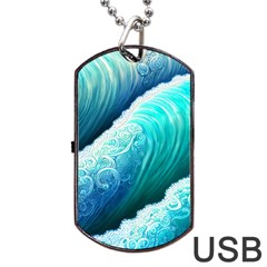 Abstract Waves In Blue And Green Dog Tag Usb Flash (one Side) by GardenOfOphir