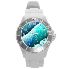 Abstract Waves In Blue And Green Round Plastic Sport Watch (l) by GardenOfOphir