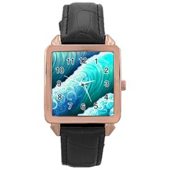 Abstract Waves In Blue And Green Rose Gold Leather Watch  by GardenOfOphir