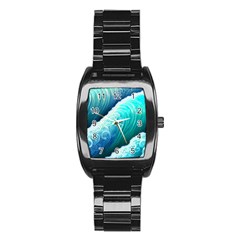 Abstract Waves In Blue And Green Stainless Steel Barrel Watch by GardenOfOphir