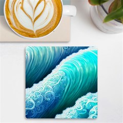 Abstract Waves In Blue And Green Uv Print Square Tile Coaster  by GardenOfOphir