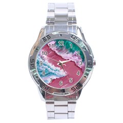 Ocean Waves In Pink Stainless Steel Analogue Watch by GardenOfOphir