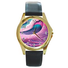 Pink Waves On The Beach Ii Round Gold Metal Watch by GardenOfOphir