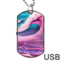 Pink Waves On The Beach Ii Dog Tag Usb Flash (one Side) by GardenOfOphir