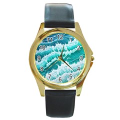 Waves On The Ocean Ii Round Gold Metal Watch by GardenOfOphir