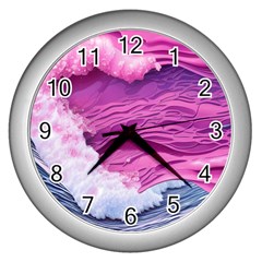 Abstract Pink Ocean Waves Wall Clock (silver) by GardenOfOphir