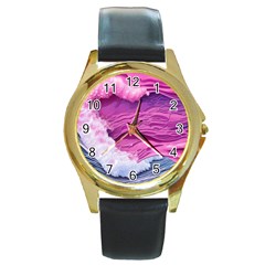 Abstract Pink Ocean Waves Round Gold Metal Watch