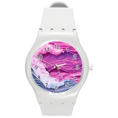 Abstract Pink Ocean Waves Round Plastic Sport Watch (M)