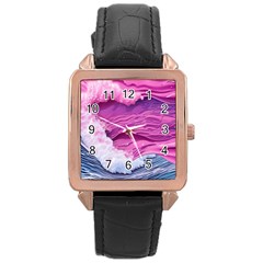 Abstract Pink Ocean Waves Rose Gold Leather Watch 