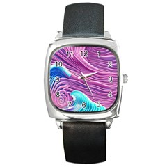 Pink Water Waves Square Metal Watch by GardenOfOphir