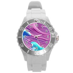 Pink Water Waves Round Plastic Sport Watch (l) by GardenOfOphir