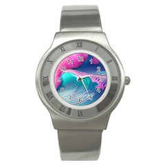 Pink Waves On The Beach Stainless Steel Watch by GardenOfOphir