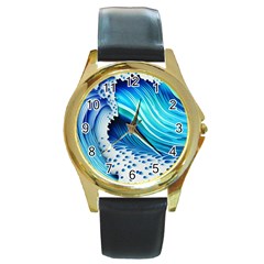 Blue Water Reflections Round Gold Metal Watch by GardenOfOphir