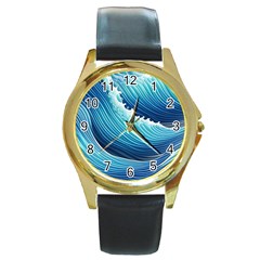 Simple Summer Wave Pattern Round Gold Metal Watch by GardenOfOphir